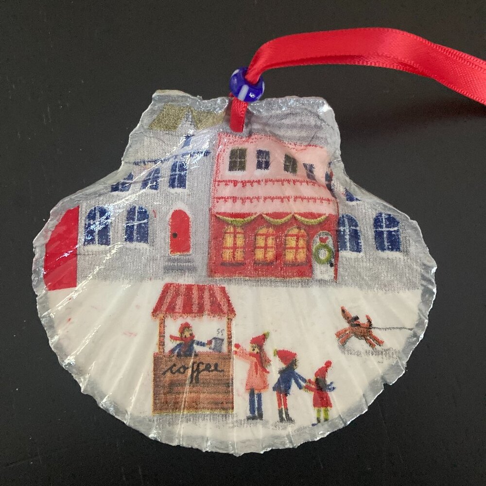 Handmade Christmas Ornament - Decoupaged Scallop Shell